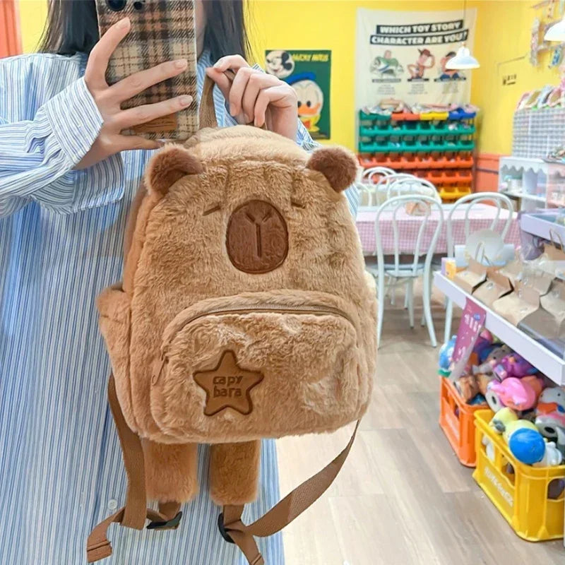 Capybara Plush School Backpack – Casual Fur Bag with Large Capacity and All-Match Design