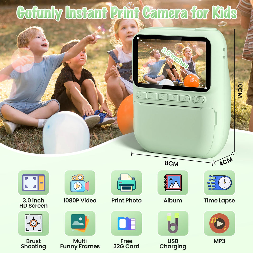 Gofunly Kids Instant Print Camera with 3.0-Inch Screen, 1080P Mini Digital Video Recorder for Ages 6-12