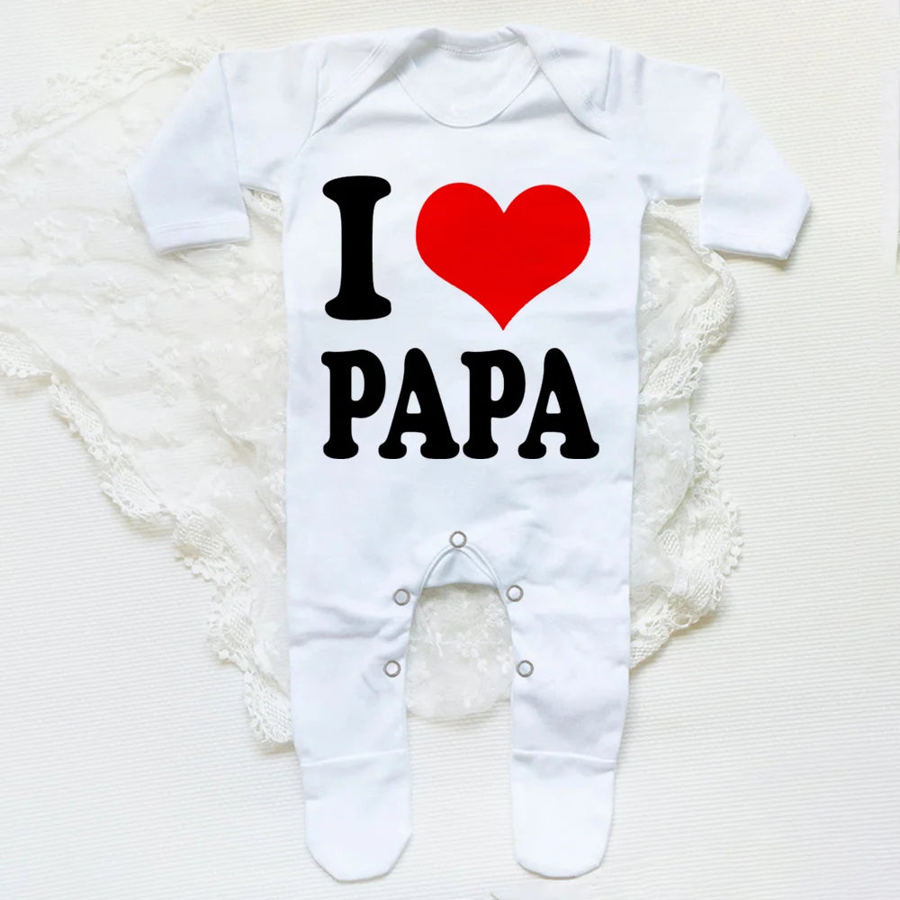 I Love Papa Mama Baby Babygrow Sleepsuit – Cute Coming Home Outfit, Newborn Shower Gift, Boy Girl White Romper, Infant Sleepsuit