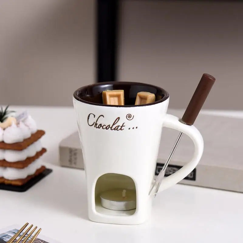 130ml (4.4 fl oz) Ceramic Chocolate Fondue Mug with Fork - 4.33in Mini Fondue Pot Candle Warmer for Melting Chocolate, Cheese & Butter