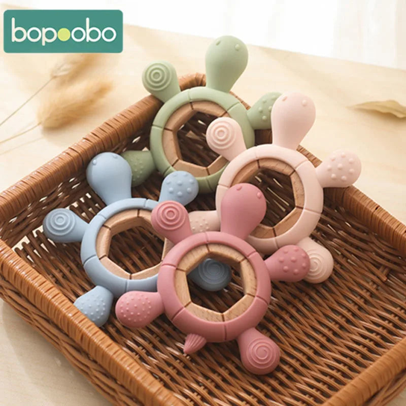 1pc BPA-Free Silicone Turtle Teether - Rodent Shape Baby Gum Pain Relief with Wooden Teether Ring | Infant Sensory Toy Gift