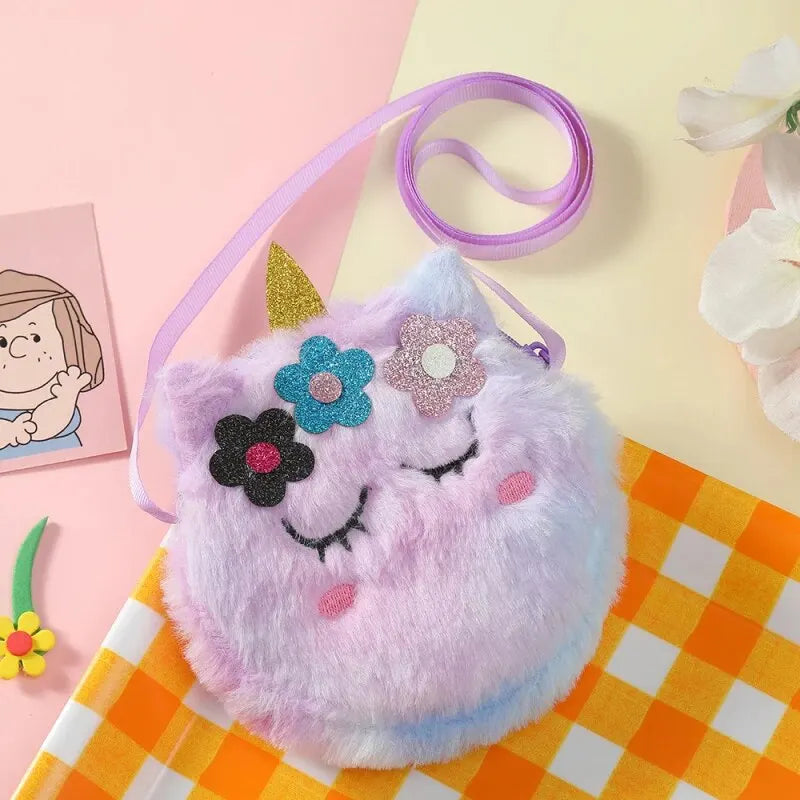 Children’s Cross-Body Bag Plush Unicorn Cartoon Coin Purse Cute Girl Flower Shoulder Bag Portable - Kidzy Market
