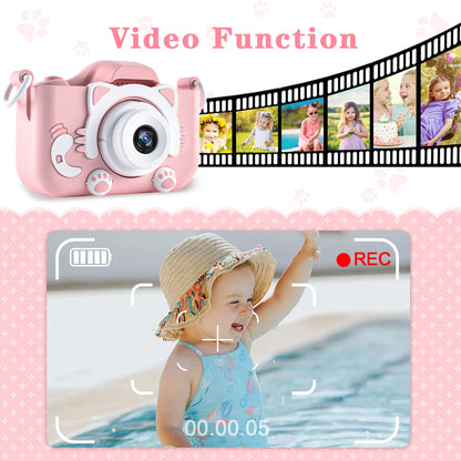 Cute Cat Kids Camera with Dual Lenses, 32GB Card, Silicone Case, HD Video Toy Gift