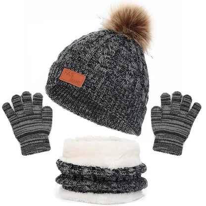 3-Piece Winter Baby Hat, Scarf & Gloves Set – Solid Color Knitted Toddler Bonnet with Cute Pompom, Warm Outdoor Accessories for 1-5 Years