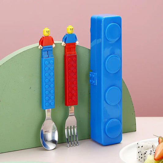 Children's Building Block Fork and Spoon Set with Storage Box - Stainless Steel Tableware, Jigsaw Toy Utensils, Perfect Kids Gift