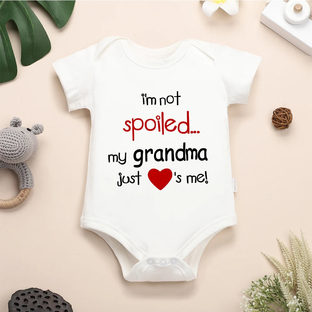 White Summer Baby Cotton Romper – “I’m Not Spoiled, My Grandma Just Loves Me!” Print, Newborn Onesie