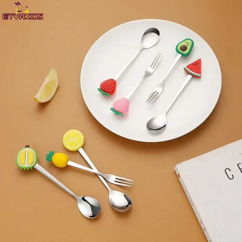 Cute Fruit Shape Baby Feeding Spoon & Dessert Cake Fork – Coffee Stirring Spoon, Kitchen Tableware Utensils, Kids Gifts & Baby Gadgets