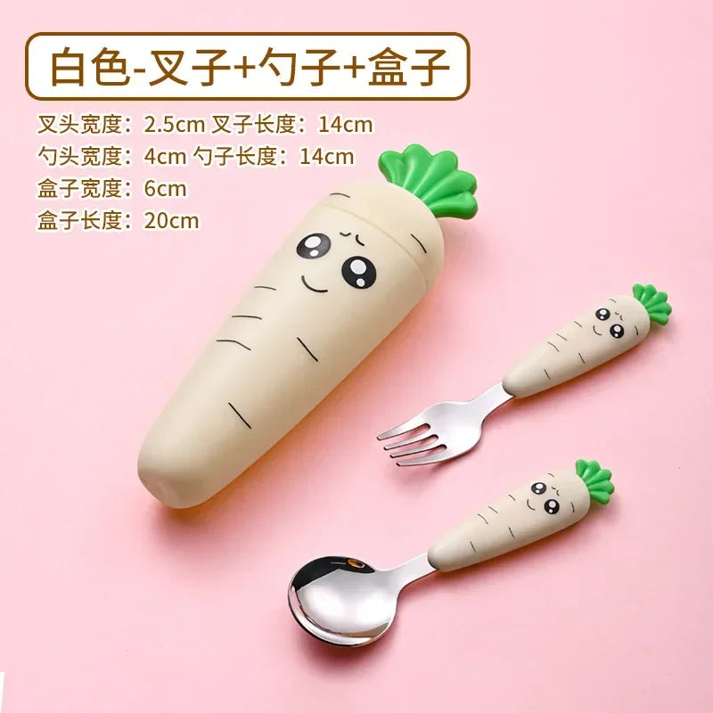 Carrot Shape Kids Fork and Spoon Set - Stainless Steel Baby Feeding Utensils, Cartoon Cutlery for Toddlers & Children