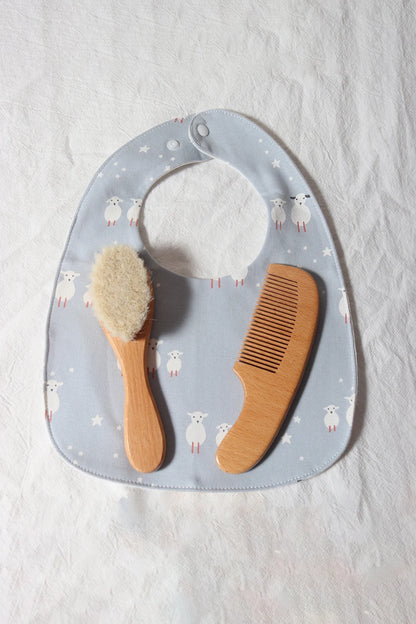 Baby Comb Brush Set - Newborn Gift Set with Natural Wool Beech Wooden Comb, Baby Bib, Pacifier Clip, and Hair Brush