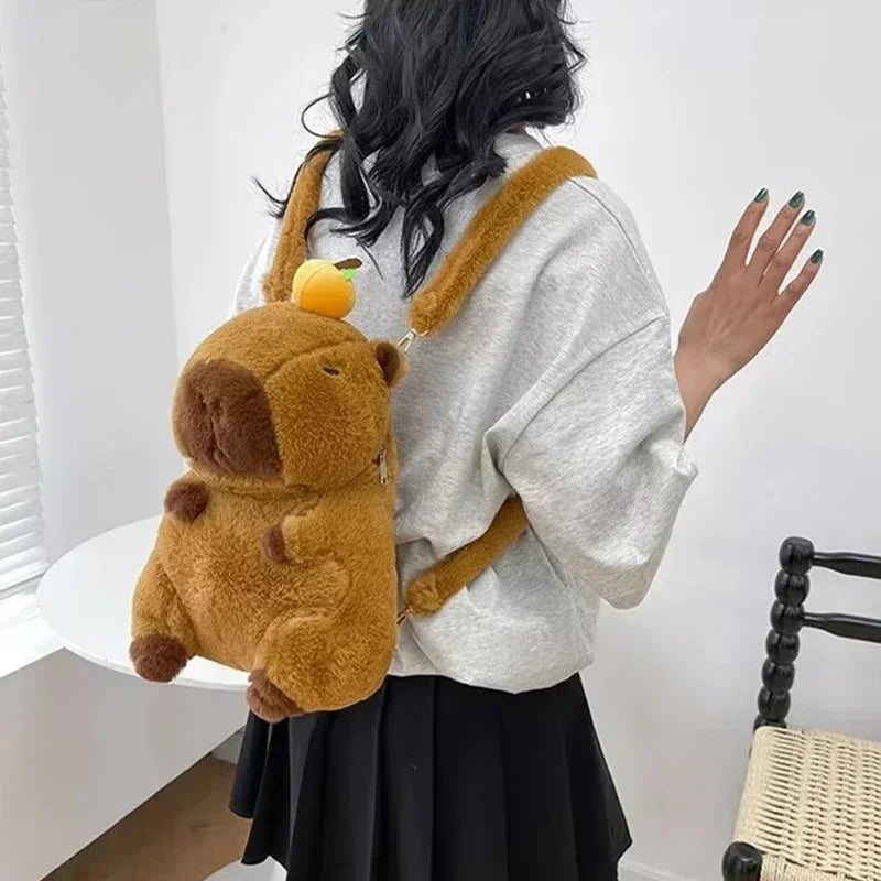 Capybara Plush School Backpack – Casual All-Match Fur Bag with Large Capacity