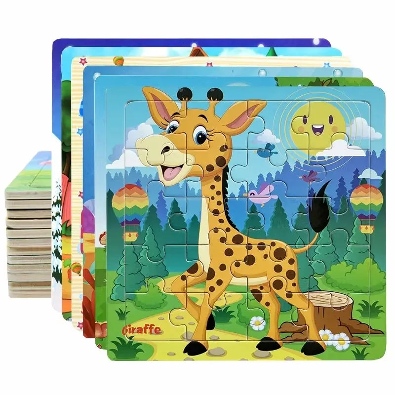 New 20 Piece Wooden 3D Puzzle, Cartoon Animal & Vehicle Jigsaw, Montessori Educational Toy for Kids, Baby 1-3 Years