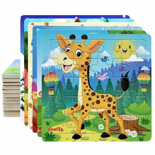 New 20 Piece Wooden 3D Puzzle, Cartoon Animal & Vehicle Jigsaw, Montessori Educational Toy for Kids, Baby 1-3 Years