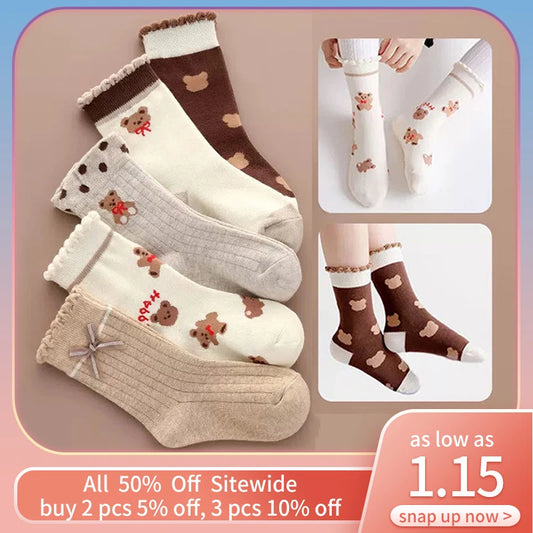 5 Pairs Cartoon Bear Children’s Middle Tube Socks - Autumn & Winter Keep Warm Sport Socks for Girls & Boys | Baby Cotton Socks for Kids
