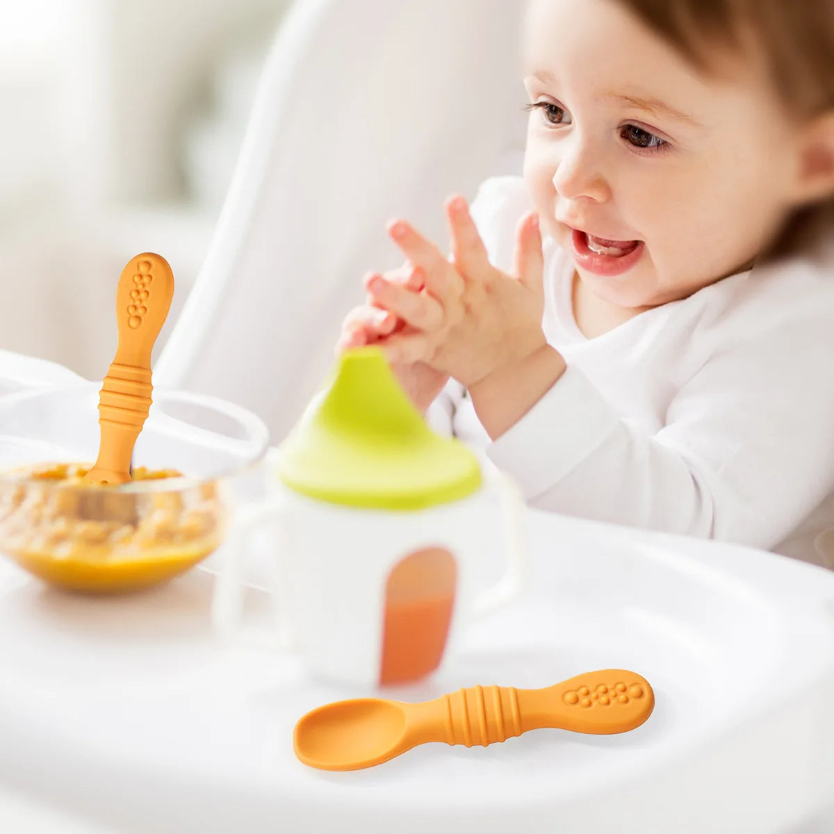 2PCS Silicone Baby Spoons Set – First Stage Utensils for Baby Led Weaning – Chew Training Spoons for Self-Feeding – Soft & Safe Baby Feeding Utensils