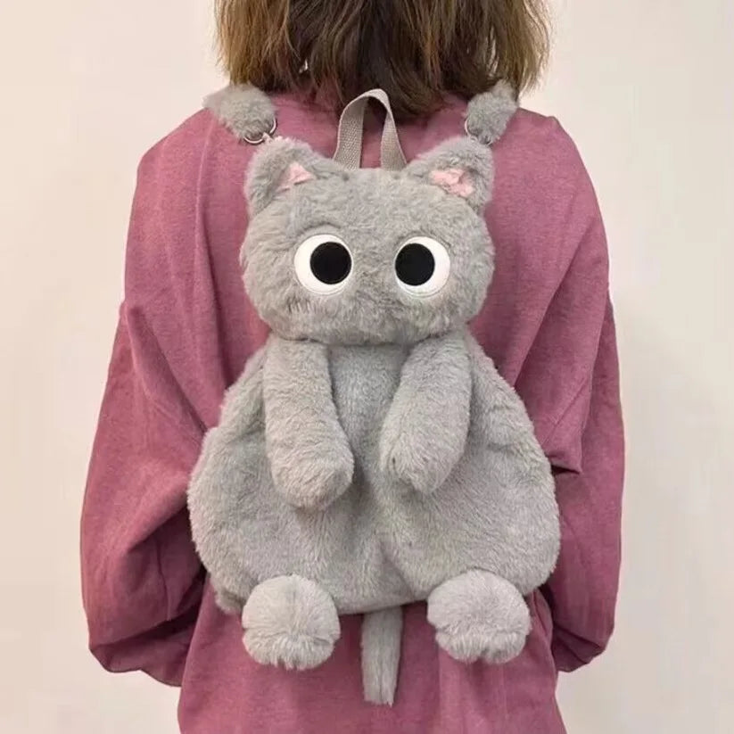 16-Inch Kawaii Big Eyes Cat Plush Backpack – Cute Large Capacity Soft Toy Bag for Boys, Girls, and Women