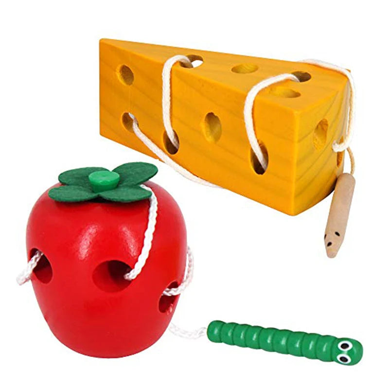Montessori Activity Worm Eat Apple Toy – Wooden Threading and Development Game for Kids, Toddler Travel Toy for Car and Plane Play