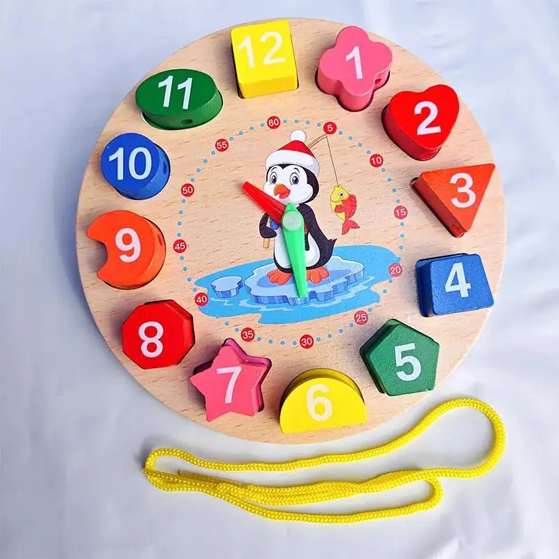 Wooden Number Blocks Puzzle, Shape & Color Sorting Clock, Montessori Toy for Kids, Early Education, Penguin Patterns, Time Learning