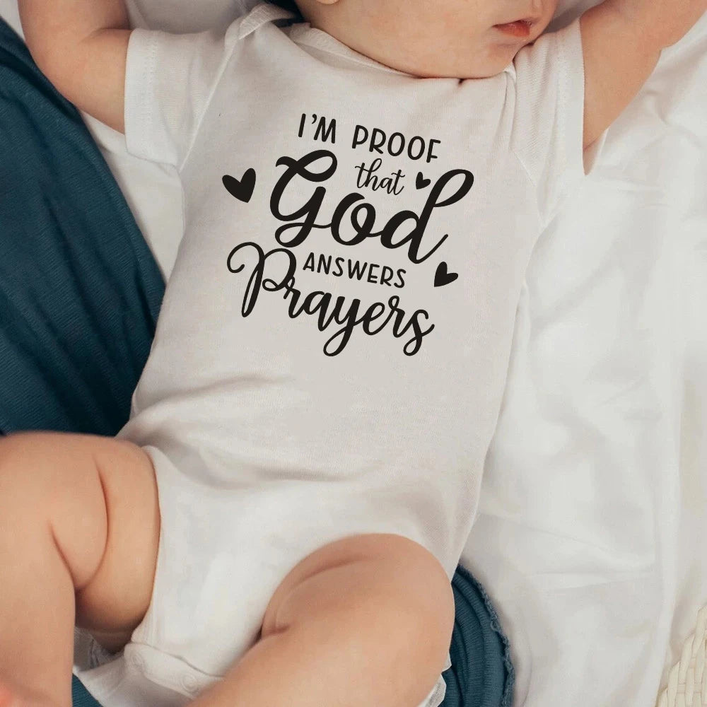 “I’m Proof God Answers Prayers” – Christian Newborn Baby Bodysuit, Short-Sleeve Infant Jumpsuit, Cute Summer Outfit & Holiday Gift