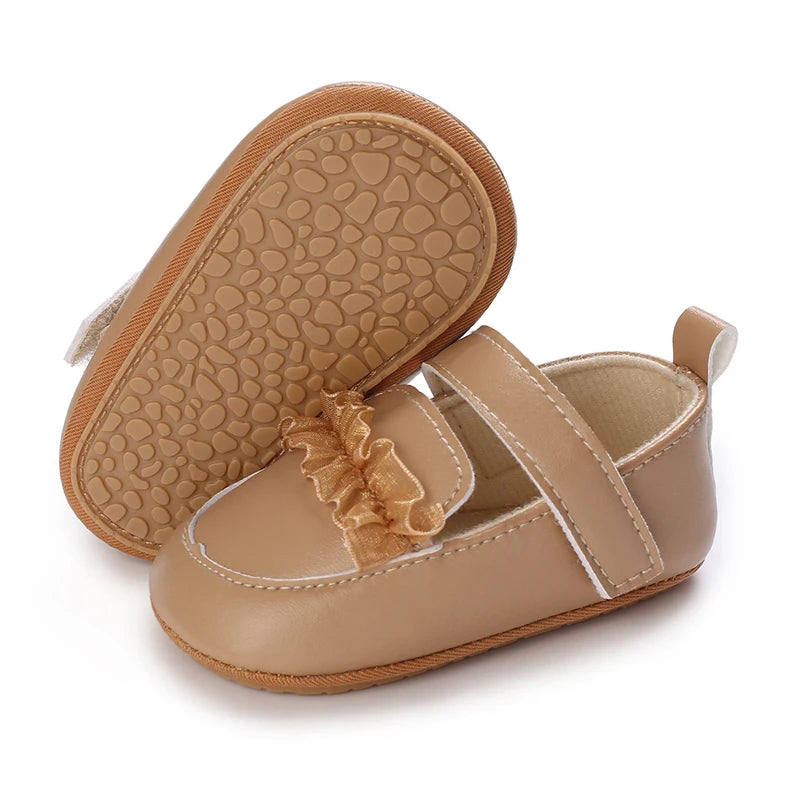 Khaki Baby Casual Shoes 0-18M Infant Toddler Bowknot Non-Slip Rubber Soft-Sole Flat PU First Walker Newborn Mary Janes