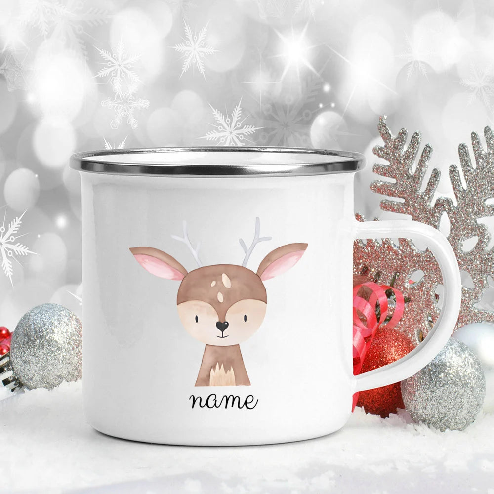 Personalized Kids Enamel Camping Mug — Forest Animals Children's Name Cup, Eco-Friendly Enamel Mug