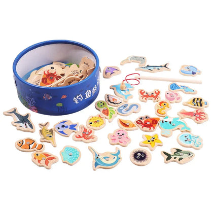 Montessori Wooden Fishing Toys for Children – Cartoon Marine Life Cognition Fish Game, Parent-Child Interactive Educational Toy