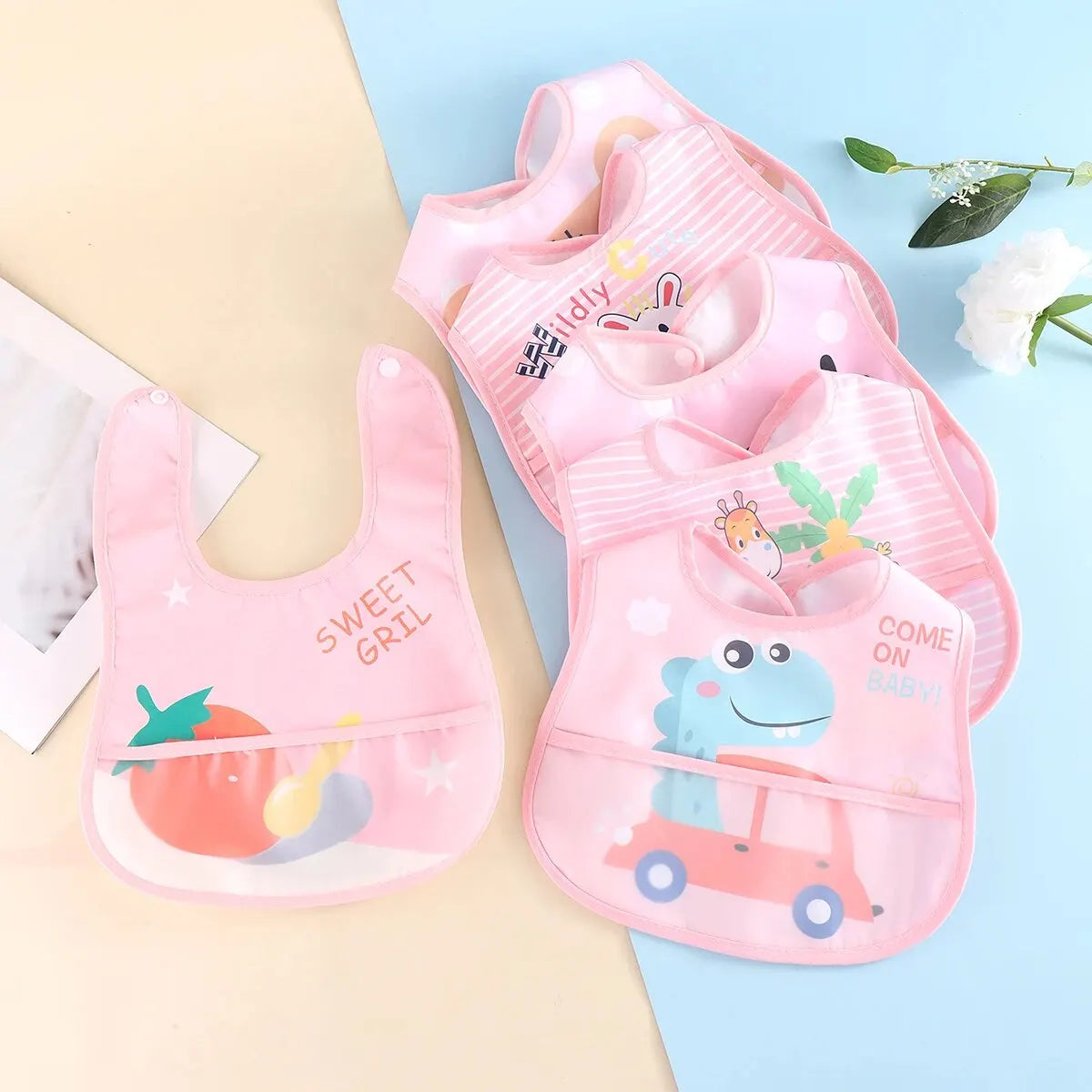 5-Piece Set – Random Cartoon Animal Waterproof Baby Bibs for Boys & Girls, Adjustable Toddler Feeding Bibs & Saliva Bibs - Kidzy Market
