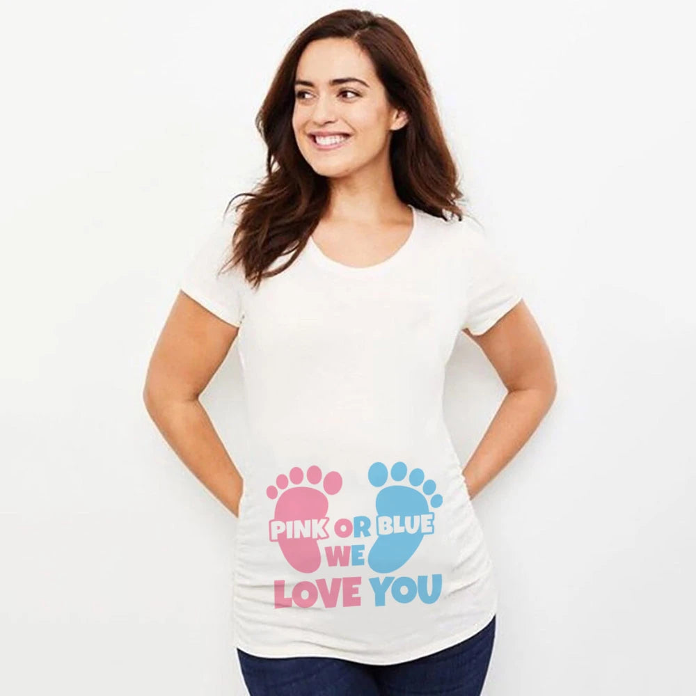 Pink or Blue Mommy Love You Printed Maternity T-Shirt - Summer Pregnancy Announcement Shirt, New Mom Tops