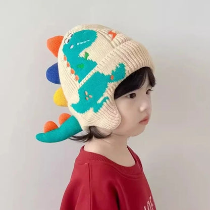 Dinosaur Cartoon Kids Earmuffs Beanie — Warm Knit Cotton Winter Hat with 3D Ears for Toddlers & Children (Unisex)
