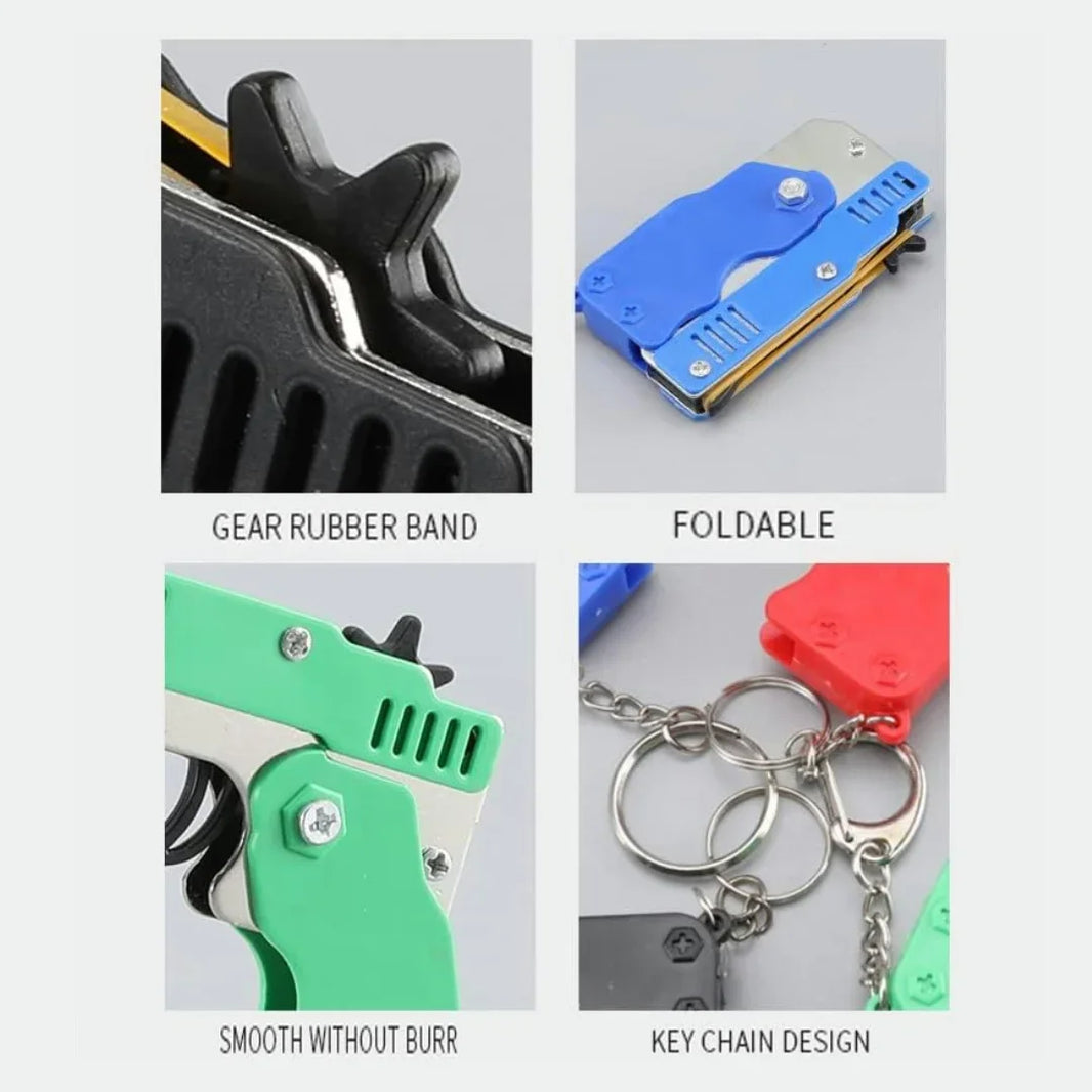 Kids Mini Folding Rubber Band Launcher Toy — Portable Keychain Launcher with 60 Rubber Bands for Outdoor Play