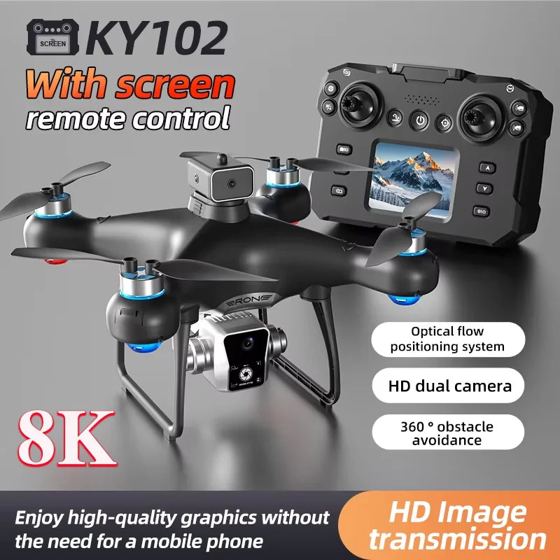 KY102 Drone with Screen – 8K Dual Camera Brushless RC Helicopter with Obstacle Avoidance
