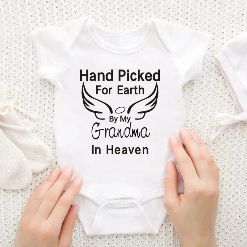 Hand Picked for Earth By My Grandpa/Grandma in Heaven Baby Bodysuit – Summer Short Sleeve Romper, Infant Jumpsuit, Baby Clothes