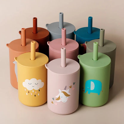 Baby Feeding Drinkware Straw Cup, Cartoon Learning Feeding Cup, Food Grade Silicone Toddler Water Bottle, BPA-Free Tableware