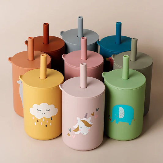 Baby Feeding Drinkware Straw Cup, Cartoon Learning Feeding Cup, Food Grade Silicone Toddler Water Bottle, BPA-Free Tableware