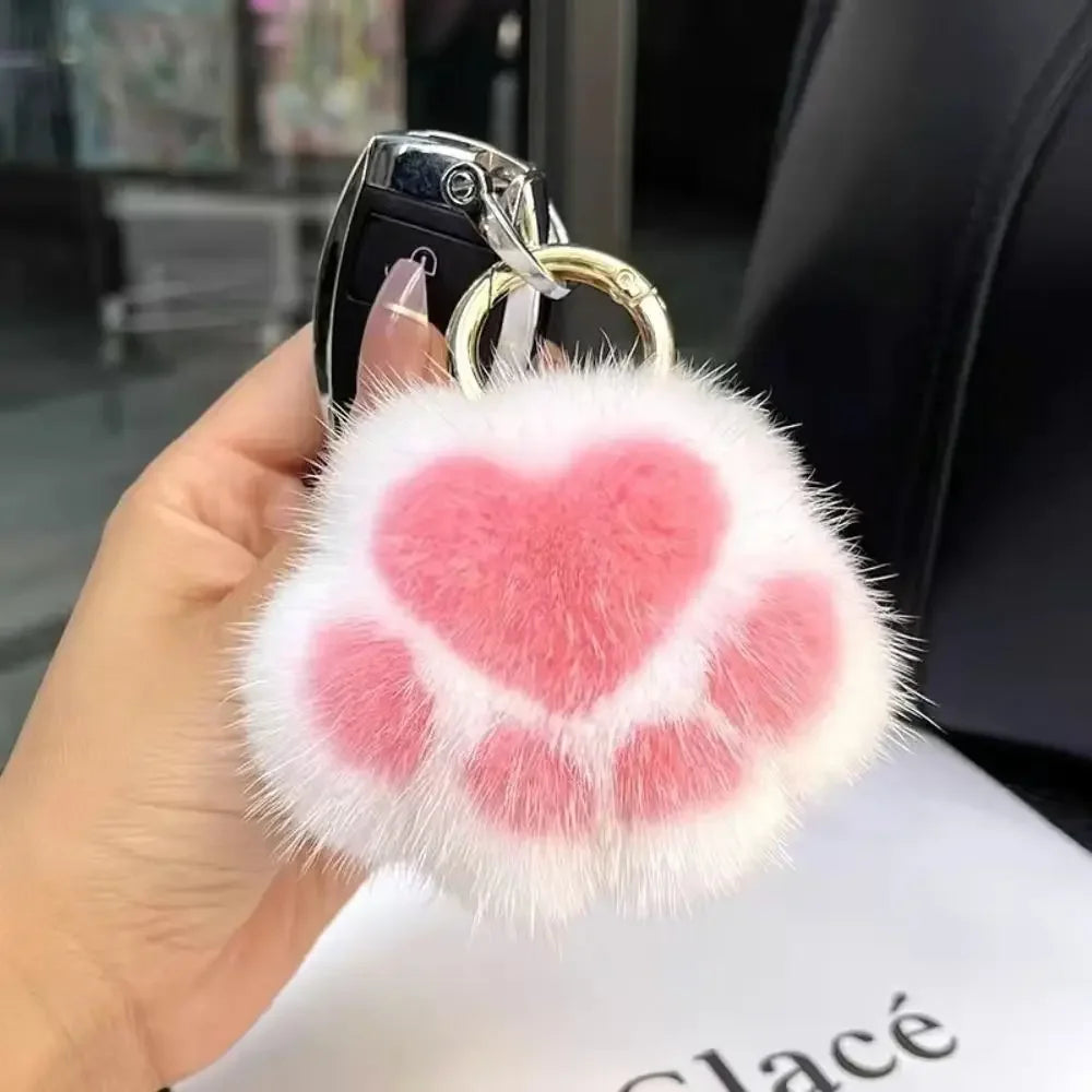 Fluffy Faux Fur Cat Paw Keychain, Plush Pendant for Backpack or Car