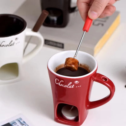 130ml (4.4 fl oz) Ceramic Chocolate Fondue Mug with Fork - 4.33in Mini Fondue Pot Candle Warmer for Melting Chocolate, Cheese & Butter