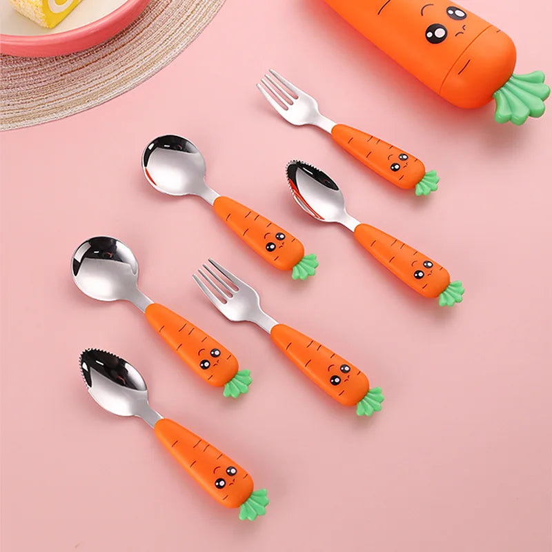 4PCS Baby Feeding Utensils Set - Cartoon Carrot Fork & Spoon, Kids Cutlery, Children’s Eat Tableware with Storage Box
