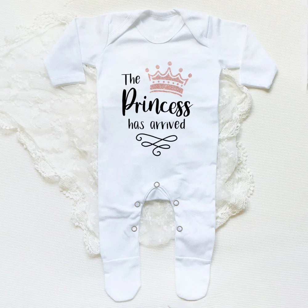 The Princess Has Arrived Print Baby Babygrow Sleepsuit – Newborn Coming Home Vest Bodysuit, Hospital Clothes, Infant Shower Gift