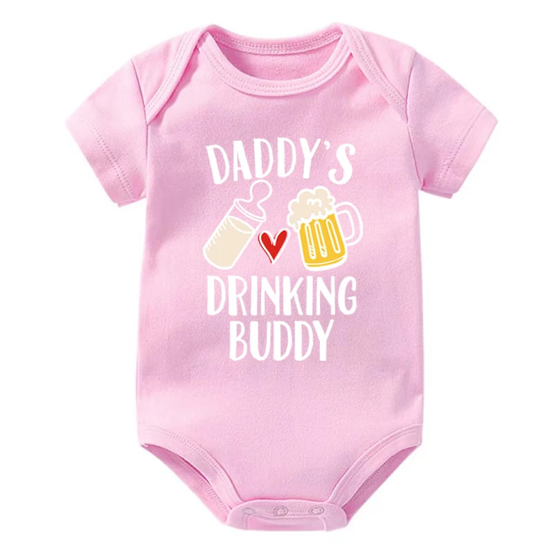 Funny "Daddy's Drinking Buddy" Newborn Baby Romper – Short Sleeve Cotton Bodysuit, Casual Summer Outfit, Perfect for Father's Day Gifts