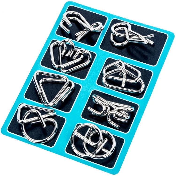 8 Pieces Metal Montessori Wire Puzzle Set – Mind Teaser Educational Game for Kids and Adults