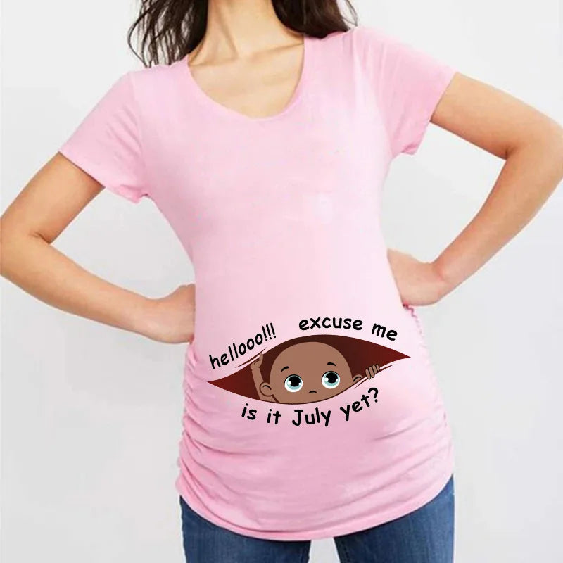 Summer January to December Peeking Baby Print Maternity T-Shirt | Funny Pregnancy Tops | Short Sleeve Pregnant Women Tees
