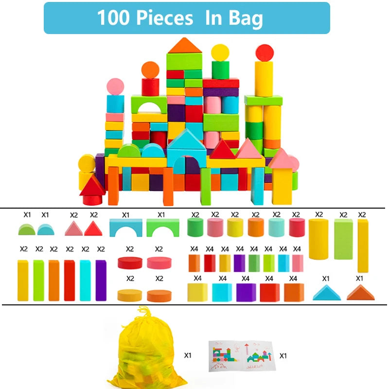 Wooden Building Blocks Set with Storage Bag – Assembled Educational Toys for Kids, Early Learning Toy for Children