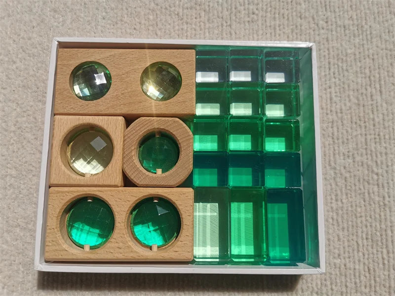 Wooden Montessori See-Through Blocks – Mixed Acrylic Gems Toy for Kids, Open Play Educational Toy
