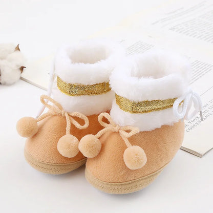 Baby Winter Snow Boots with Cute Bear and Fluff Balls Soft Sole Infant Toddler Shoes