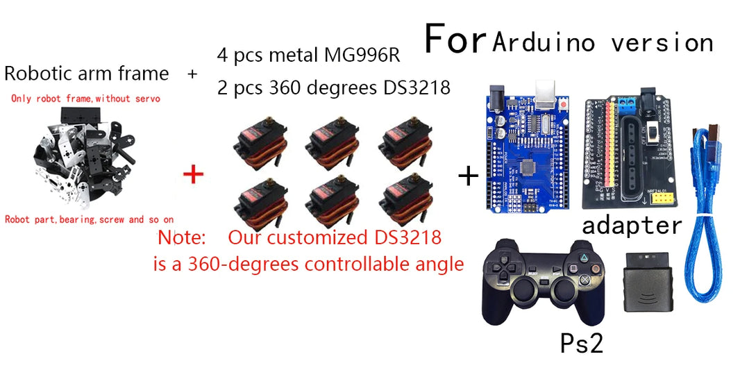 360° 6 DOF Robot Metal Alloy Mechanical Arm Claw Kit MG996R for Arduino, Robotics Educational Kit, PS2 Programmable Toy