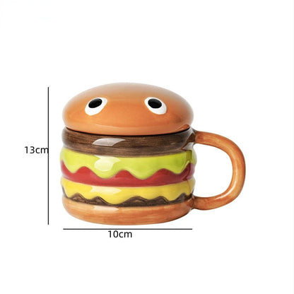 300ml (10 fl oz) Ceramic Hamburger Mug with Lid — Cute Cartoon Kids Coffee, Milk & Breakfast Cup