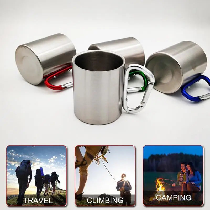 220ml (7.4 fl oz) Stainless Steel Camping Mug with Carabiner Handle, Double‑Wall Portable Travel Cup