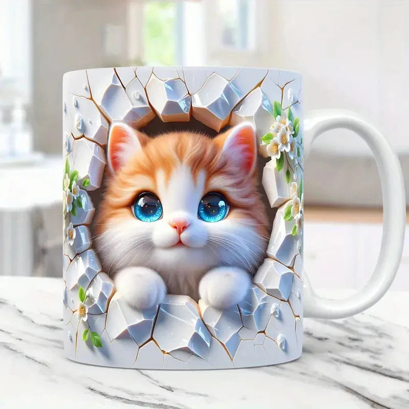 3D Animal Wrap Coffee Mug - 11 oz (350 ml) Sublimation Ceramic Kids Mug (Cat, Dog, Bear)