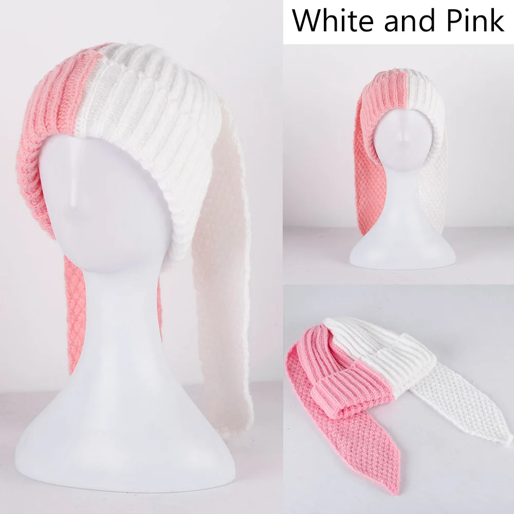 Rabbit Ears Knit Beanie – Colorblock Patchwork Cute Warm Unisex Winter Hat for Men & Women