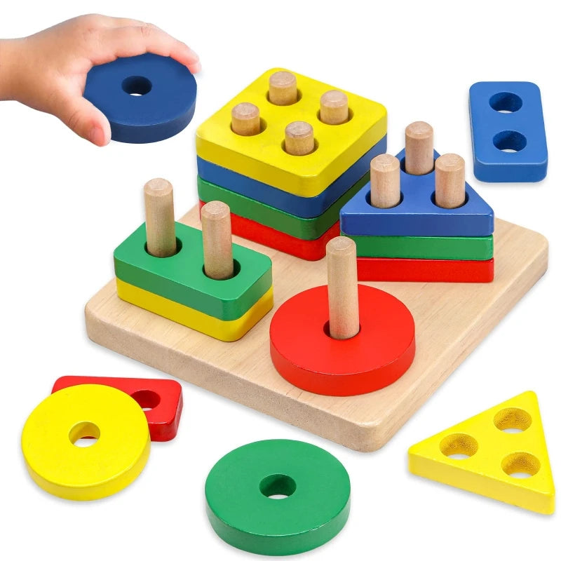 Educational Wooden Toys – Geometric Shapes Montessori Puzzle, Color Sorting Math Bricks for Baby, Preschool Learning Game