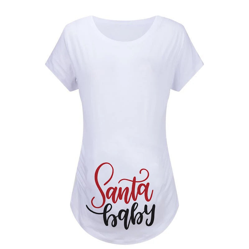 Christmas Women's Maternity T-shirt Santa Baby Printed Pregnant Women T-shirt Pregnancy Casual Short Sleeve White Clothes